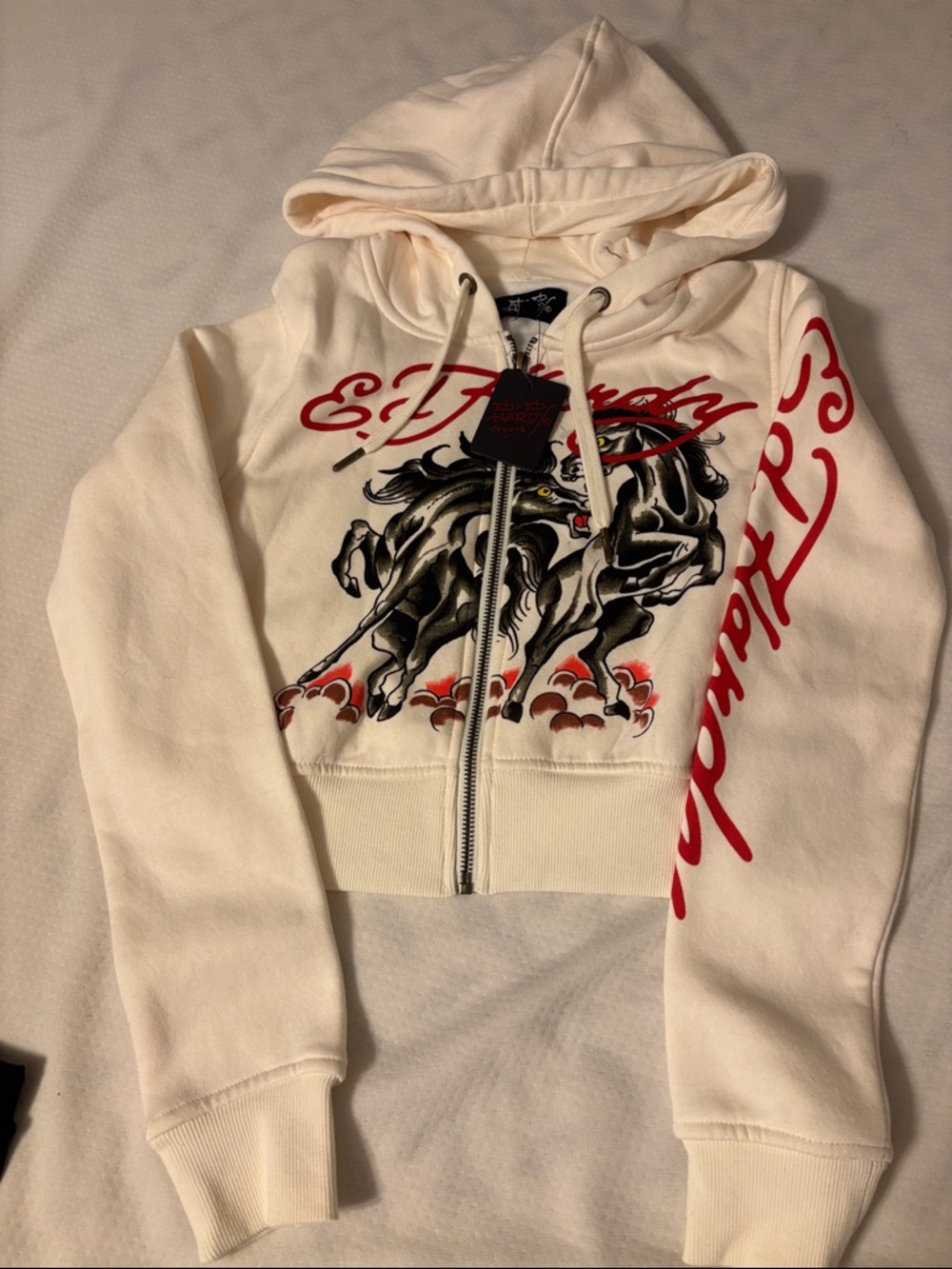 Ed Hardy Ivory Zip-Up Hoodie with Black Horse & Red Script